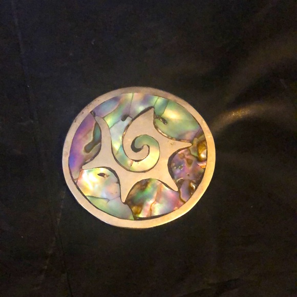 Mother of Pearl Nacre & sterling necklace brooch combo Mexican, marked & VTG - Picture 4 of 10